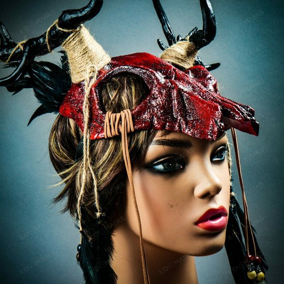 Bloody Red Antelope Devil Deer Horn Skull Mask - Picture 2 of 10